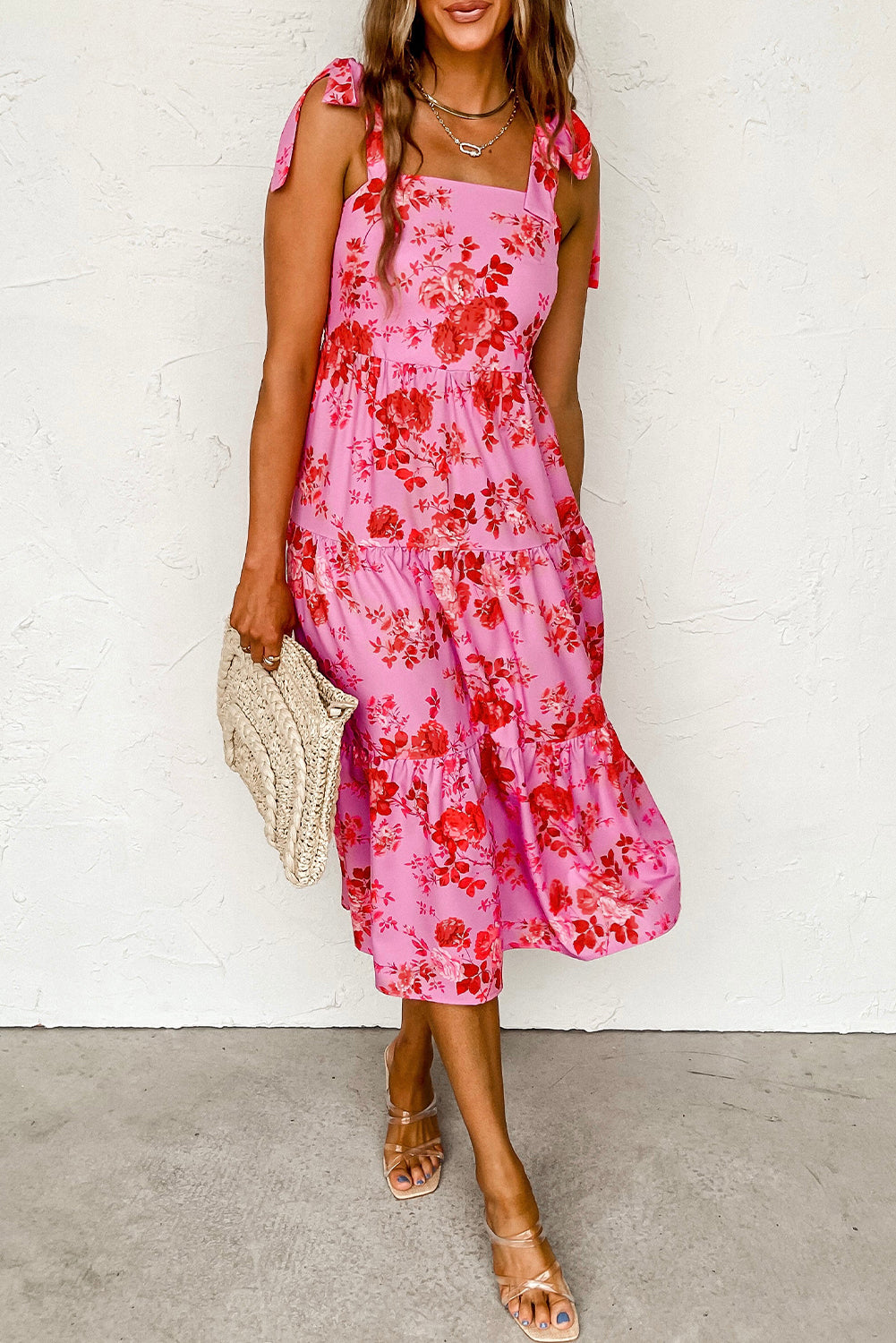 Pink Tie Shoulder Straps Tiered Floral Dress | Dresses/Floral Dresses