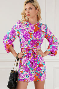 Mini Dress | Purple Floral Keyhole Back Long Sleeve Belted