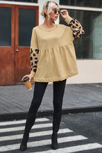 Load image into Gallery viewer, Khaki Leopard Splicing Sleeve Ruffle Loose Sweatshirt | Tops/Sweatshirts &amp; Hoodies
