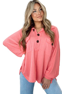 Pink Corded Flap Pocket Henley Top | Tops/Long Sleeve Tops