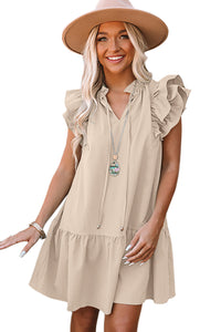 Mini Dress | Beige Tiered Ruffled Sleeves with Pockets