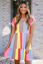 Load image into Gallery viewer, Tiered Mini Dress | Fiery Red Multi-Color Striped Dress
