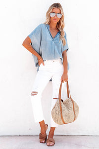 Sky Blue Split V Neck Oversized Denim Blouse | Tops/Blouses & Shirts