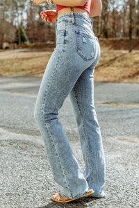 Sky Blue Subtle Ripped Detail Flare Bottom Jeans | Bottoms/Jeans