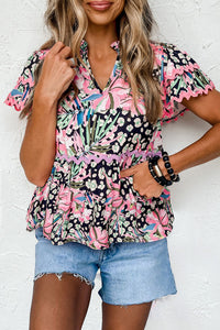 Pink Ricrac Floral Tiered Short Sleeve Blouse | Tops/Blouses & Shirts