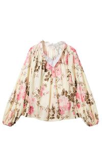 Beige Floral Print Lantern Sleeve V-Neck Blouse | Tops/Blouses & Shirts