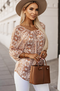 Drawstring Blouse | Brown 3/4 Sleeve Top