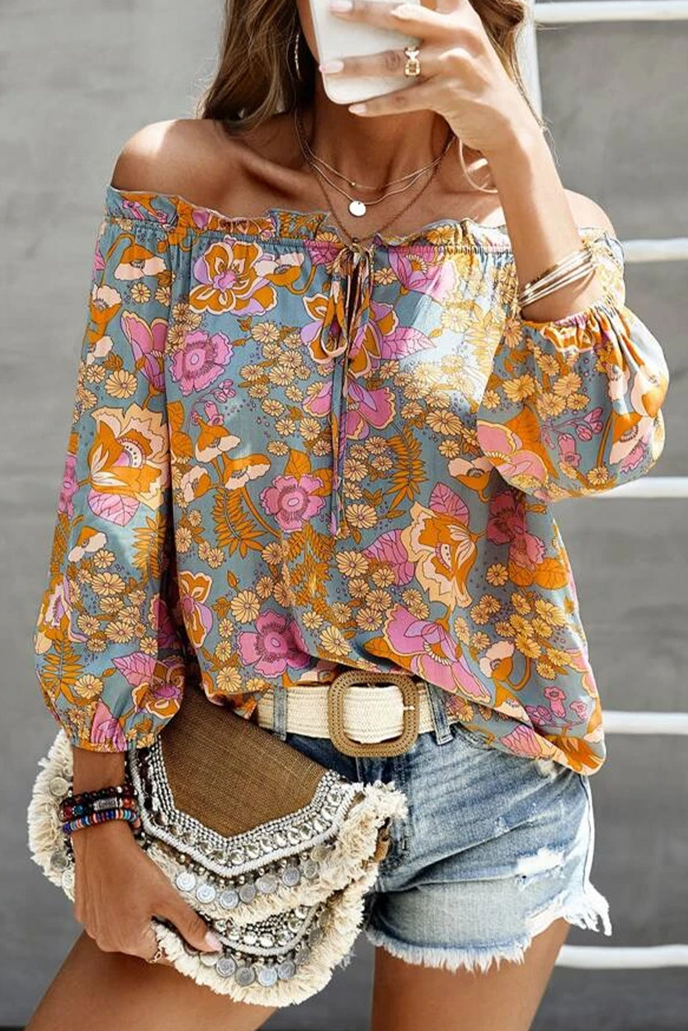 Blue Frilled Off Shoulder Floral Blouse | Tops/Blouses & Shirts