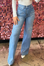 Load image into Gallery viewer, Light Blue Floral Rhinestone Decor High Rise Wide Leg Jeans | Bottoms/Jeans
