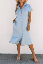 Load image into Gallery viewer, Sky Blue Chambray Shirt Short Sleeves Midi Dress
