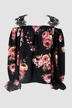 Load image into Gallery viewer, Black Floral Print Lace Patchwork Loose Cold Shoulder Blouse | Tops/Blouses &amp; Shirts
