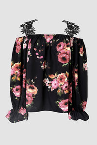 Black Floral Print Lace Patchwork Loose Cold Shoulder Blouse | Tops/Blouses & Shirts