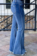 Load image into Gallery viewer, Light Blue Acid Wash Raw Hem Flared Jeans
