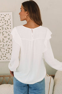 White Lace Eyelet Ruffle Shoulder Long Sleeve Blouse | Tops/Blouses & Shirts