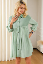 Load image into Gallery viewer, Puff Sleeve Dress | Green Patchwork Crinkle Shirt Dress
