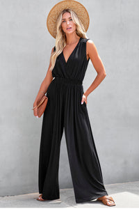 Black Deep V Pleated Crisscross Wide Leg Backless Jumpsuit | Bottoms/Jumpsuits & Rompers