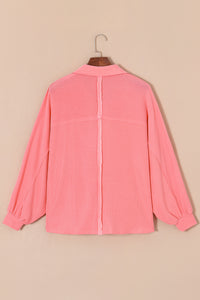 Pink Corded Flap Pocket Henley Top | Tops/Long Sleeve Tops