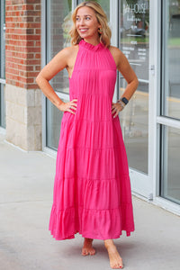 Maxi Dress | Rose Red High Frilled Neck Tiered Sleeveless