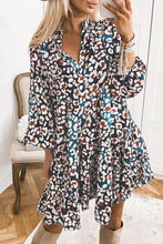 Load image into Gallery viewer, Bubble Sleeve Dress | Blue Leopard Print Ruffled Shirt Dress
