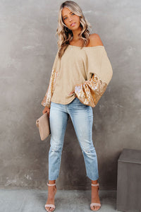 Waffle Knit Top | Apricot Sequin Patchwork Sleeve Open Back