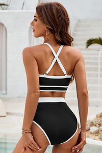 Black Contrast Trim Crisscross Back High Waisted Bikini | Swimwear/High Waisted Swimsuit