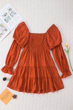 Load image into Gallery viewer, Brown Boho Solid Shirred Ruffle Mini Dress
