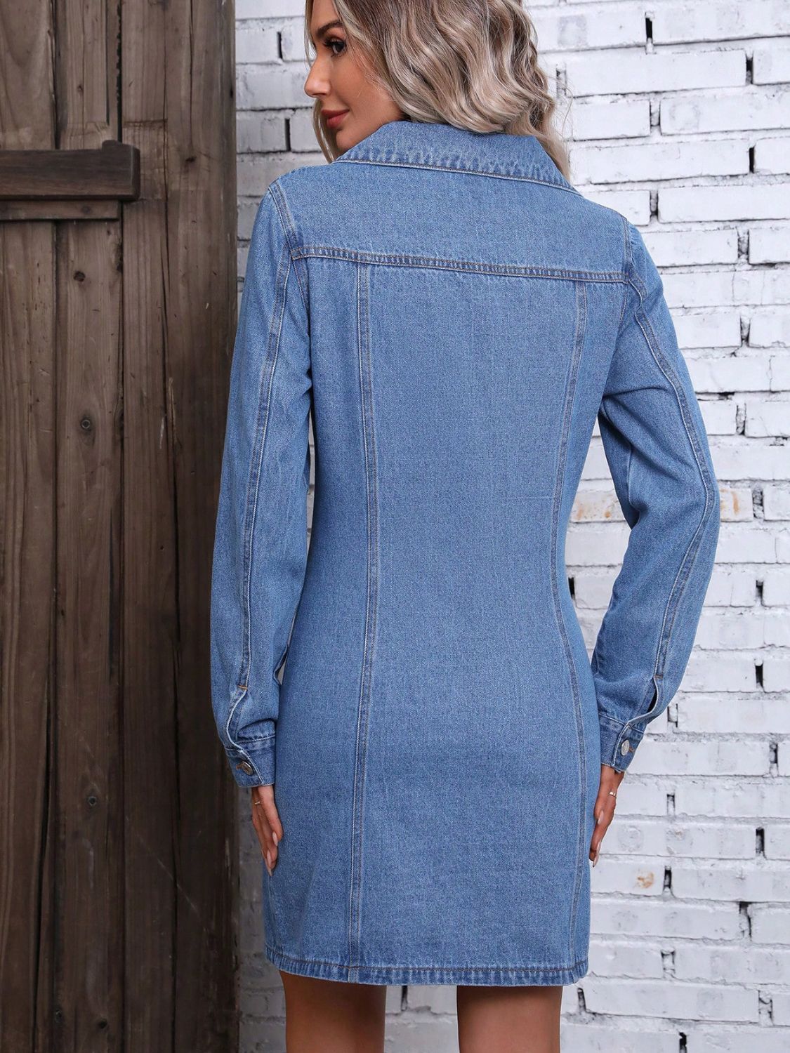 Denim Dress | Ruched Button Up Long Sleeve Dress