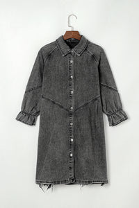 Denim Mini Dress | Gray Buttoned Long Sleeve