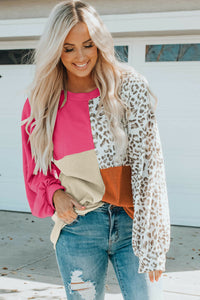 Rose Leopard Patchwork Color Block Ribbed Long Sleeve Top | Tops/Long Sleeve Tops