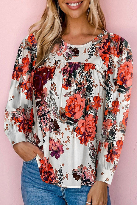 Fiery Red Retro Floral Long Sleeve Blouse | Tops/Blouses & Shirts