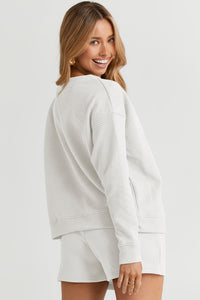 Drawstring Shorts Set | White Textured Long Sleeve Top