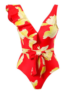 Womens Swimsuit | Tied Printed V-Neck Sleeveless One-Piece Swimwear