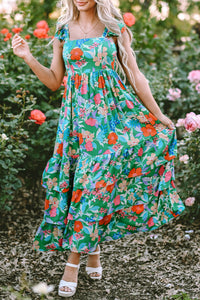 Green Floral Print Sleeveless Ruffle Tiered Maxi Dress | Dresses/Floral Dresses