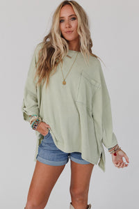 Oversized Top | Green Ribbed Roll-Tab Sleeve Chest Pocket