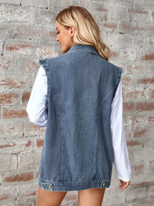 Denim Jacket | Raw Hem Sleeveless Button Up Jacket