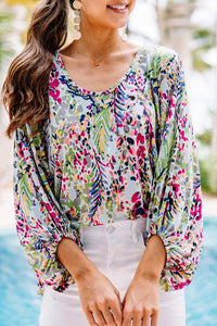 Green Floral Print Puffy Sleeve Loose Blouse | Tops/Blouses & Shirts