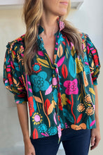 Load image into Gallery viewer, Green Floral Print Puff Sleeve Tied V Neck Blouse | Tops/Blouses &amp; Shirts
