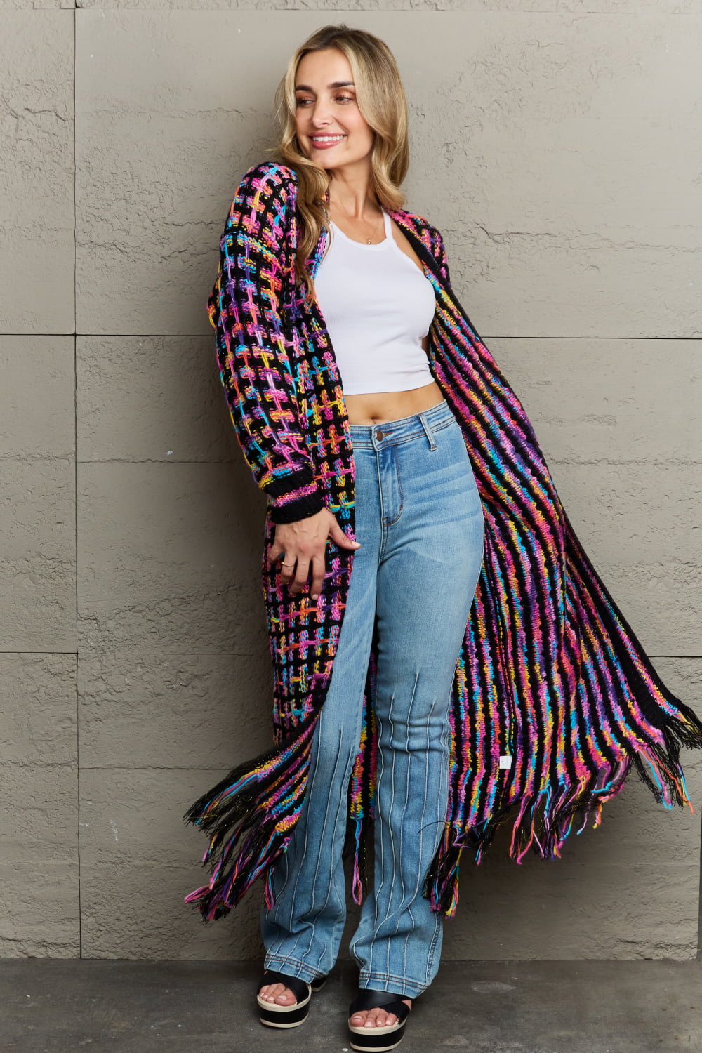 Womens Sweater-Multicolored Open Front Fringe Hem Cardigan