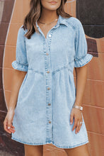 Load image into Gallery viewer, Beau Blue Mineral Wash Ruffled Short Sleeve Buttoned Denim Dress | Dresses/Mini Dresses
