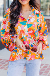 Carrot Floral Print Buttons Front Bubble Sleeve Shirt | Tops/Blouses & Shirts