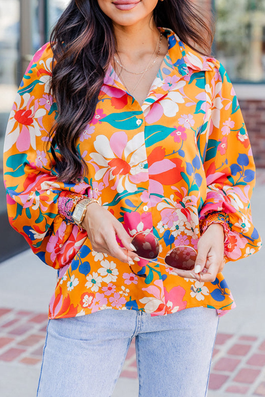 Carrot Floral Print Buttons Front Bubble Sleeve Shirt | Tops/Blouses & Shirts