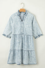 Load image into Gallery viewer, Dusk Blue Acid Wash Retro Half Sleeve Flared Denim Dress | Dresses/Mini Dresses
