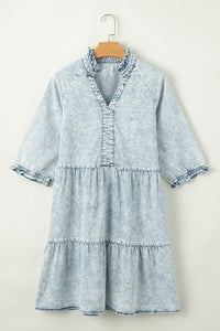 Dusk Blue Acid Wash Retro Half Sleeve Flared Denim Dress | Dresses/Mini Dresses