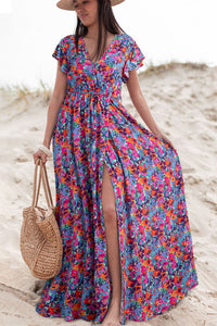 Blue Floral Print V Neck Wrap Split Maxi Dress | Dresses/Floral Dresses