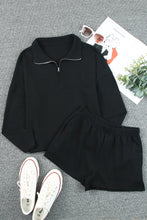 Load image into Gallery viewer, Black Ribbed Zipper Sweatshirt and High Waist Shorts Set | Two Piece Sets/Short Sets
