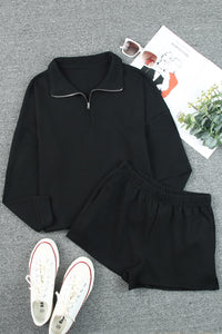 Black Ribbed Zipper Sweatshirt and High Waist Shorts Set | Two Piece Sets/Short Sets