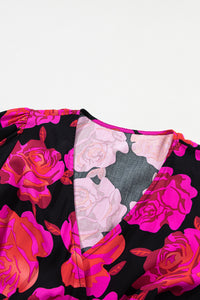 Rose Floral Print V Neck Wrap Bishop Sleeve Ruffle Tiered Mini Dress | Dresses/Floral Dresses