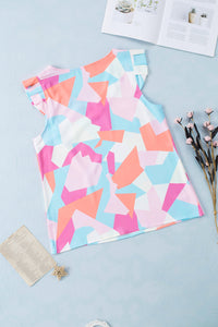 Womens Top | Multicolor Pastel Geometric Print V-Neck Pleated Cap Sleeve Top | Tops/Tops & Tees