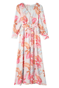 Maxi Dress | Tropical Plant Print Long Sleeve Wrap Dress