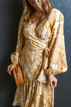 Load image into Gallery viewer, Floral Print Dress | Yellow V Neck Lace Up Bubble Sleeves
